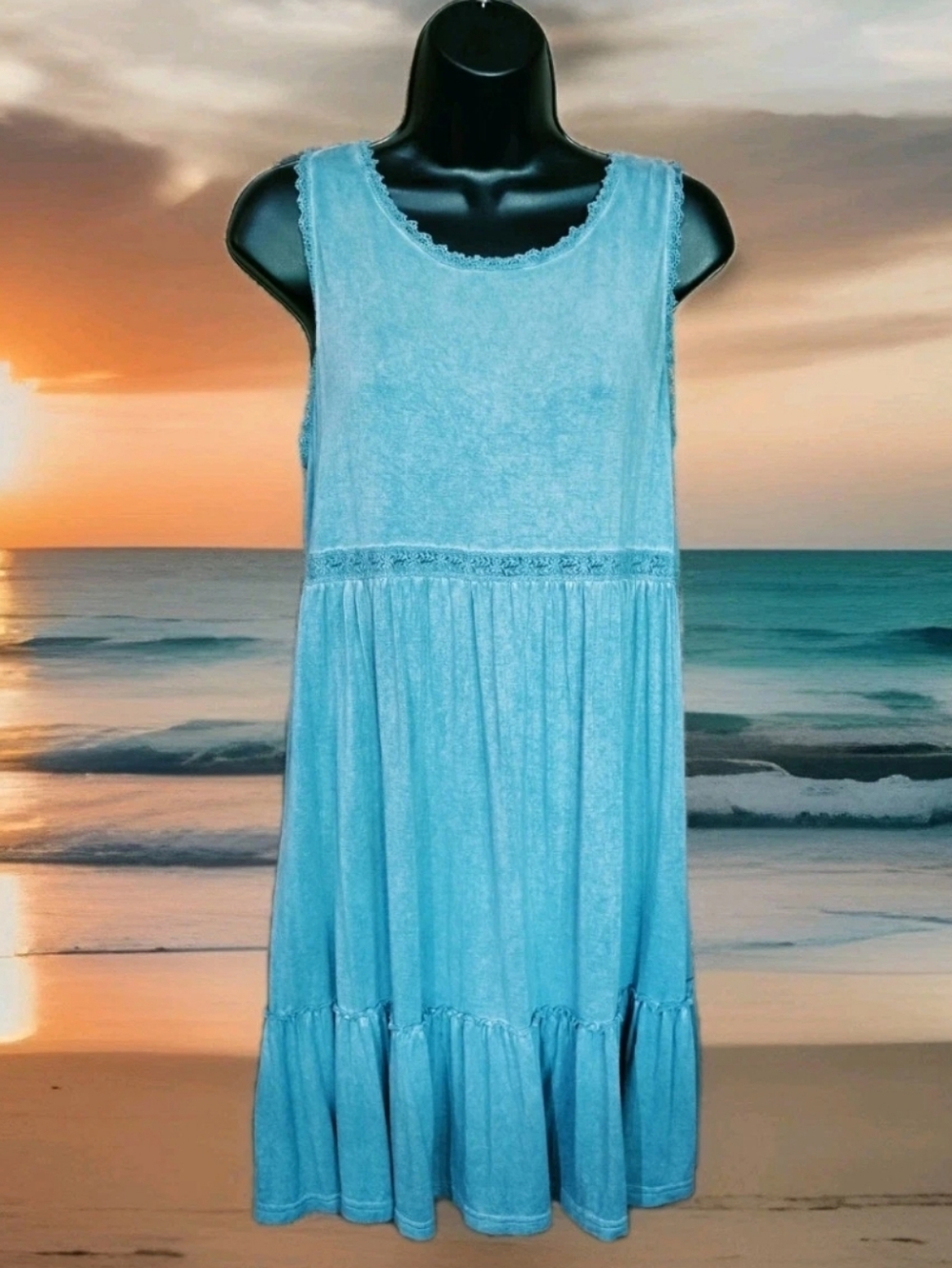 Umgee Women's Small Dress Turquoise Mineral Wash Lace Up Crochet Back Bodice